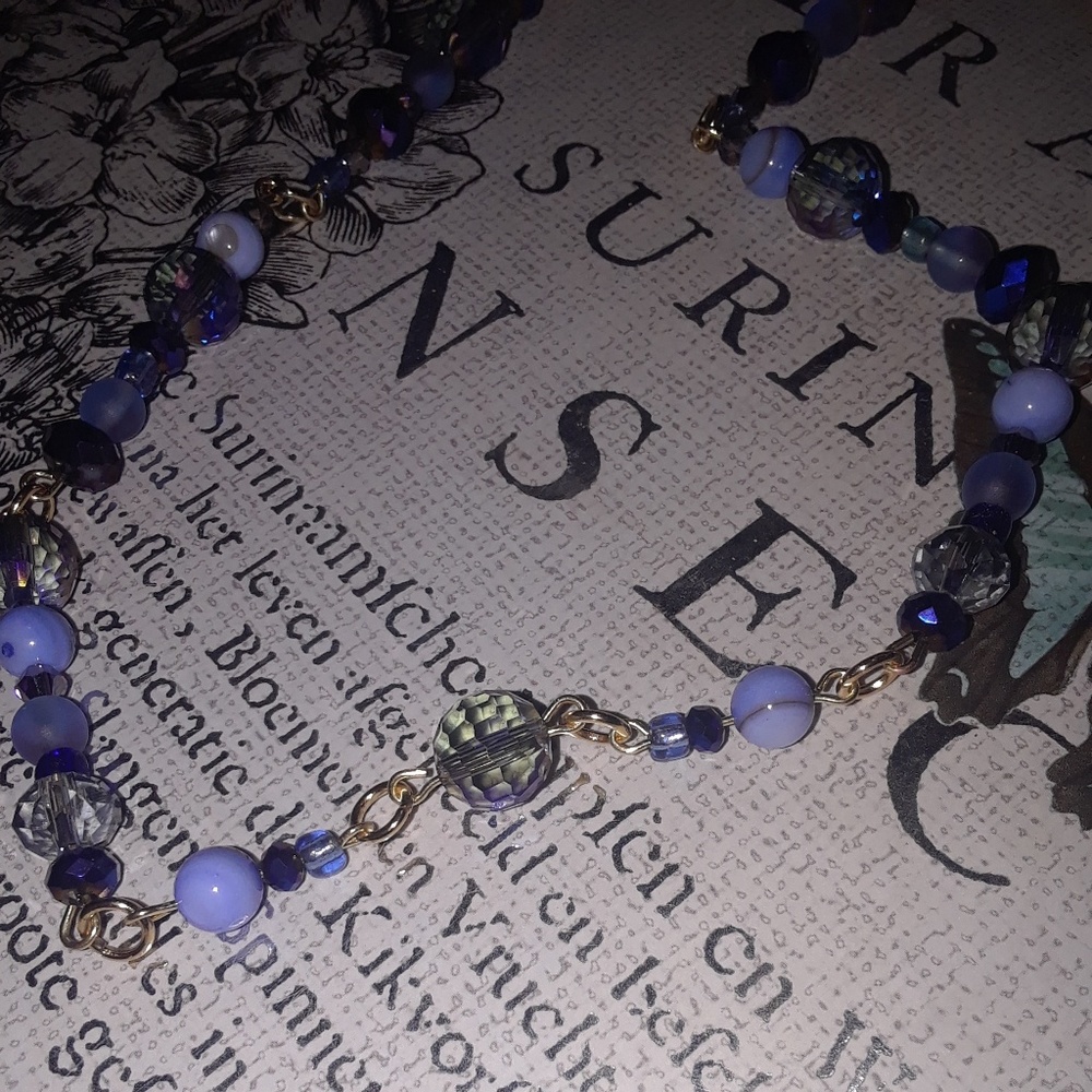 Blue Crystal Glass and Shell Necklace with Gold